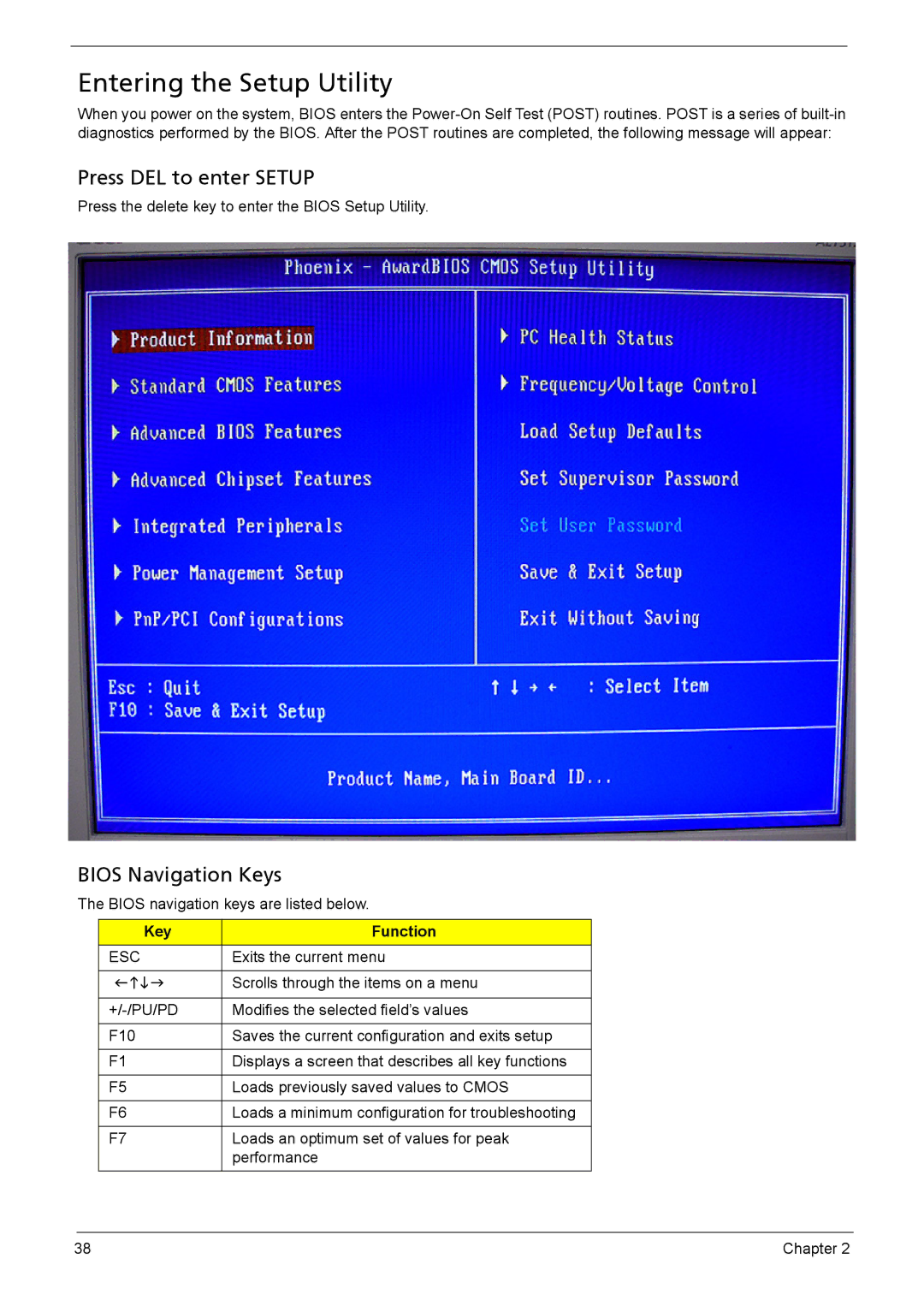 Acer 510 manual Entering the Setup Utility, Press DEL to enter Setup, Bios Navigation Keys 