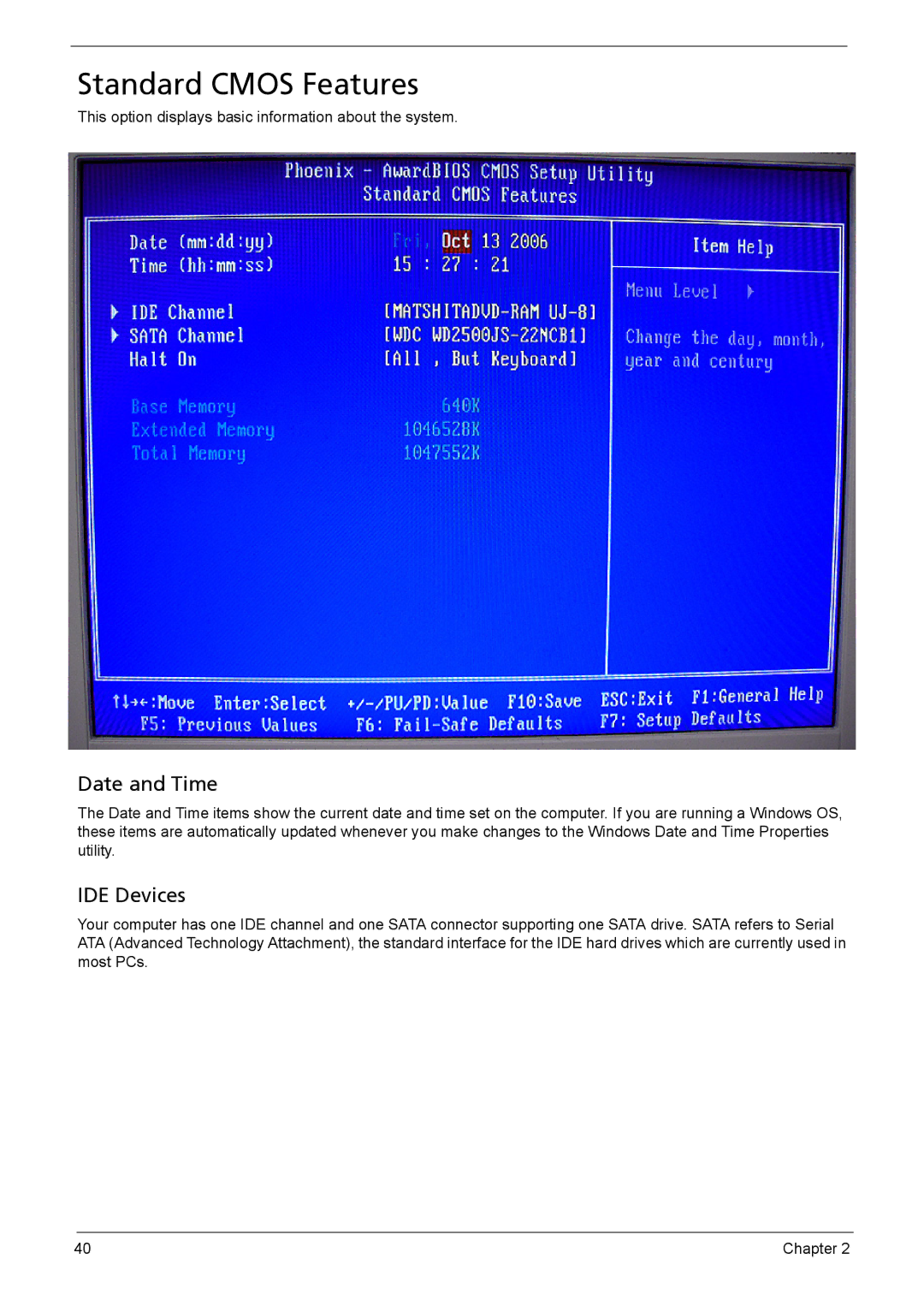 Acer 510 manual Standard Cmos Features, Date and Time, IDE Devices 