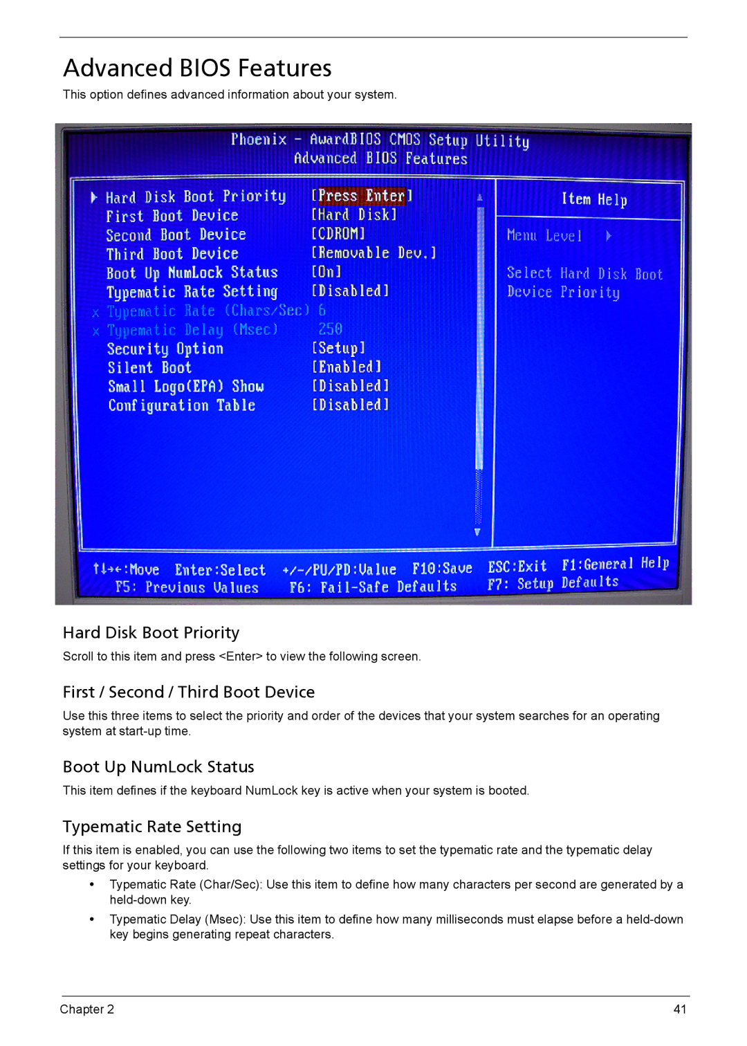 Acer 510 manual Advanced Bios Features, Hard Disk Boot Priority, First / Second / Third Boot Device, Boot Up NumLock Status 