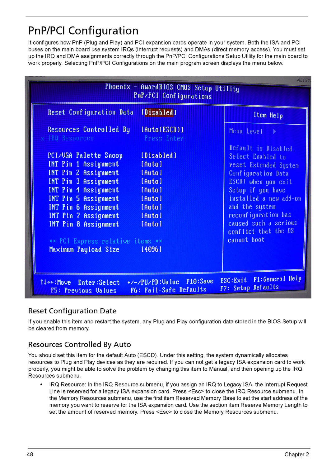 Acer 510 manual PnP/PCI Configuration, Reset Configuration Date, Resources Controlled By Auto 