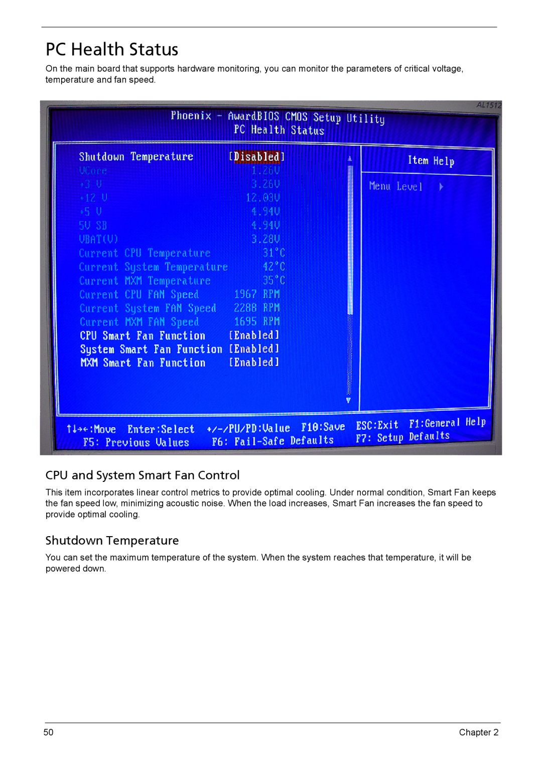 Acer 510 manual PC Health Status, CPU and System Smart Fan Control, Shutdown Temperature 