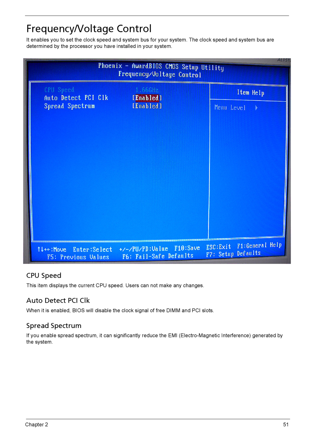 Acer 510 manual Frequency/Voltage Control, CPU Speed, Auto Detect PCI Clk, Spread Spectrum 