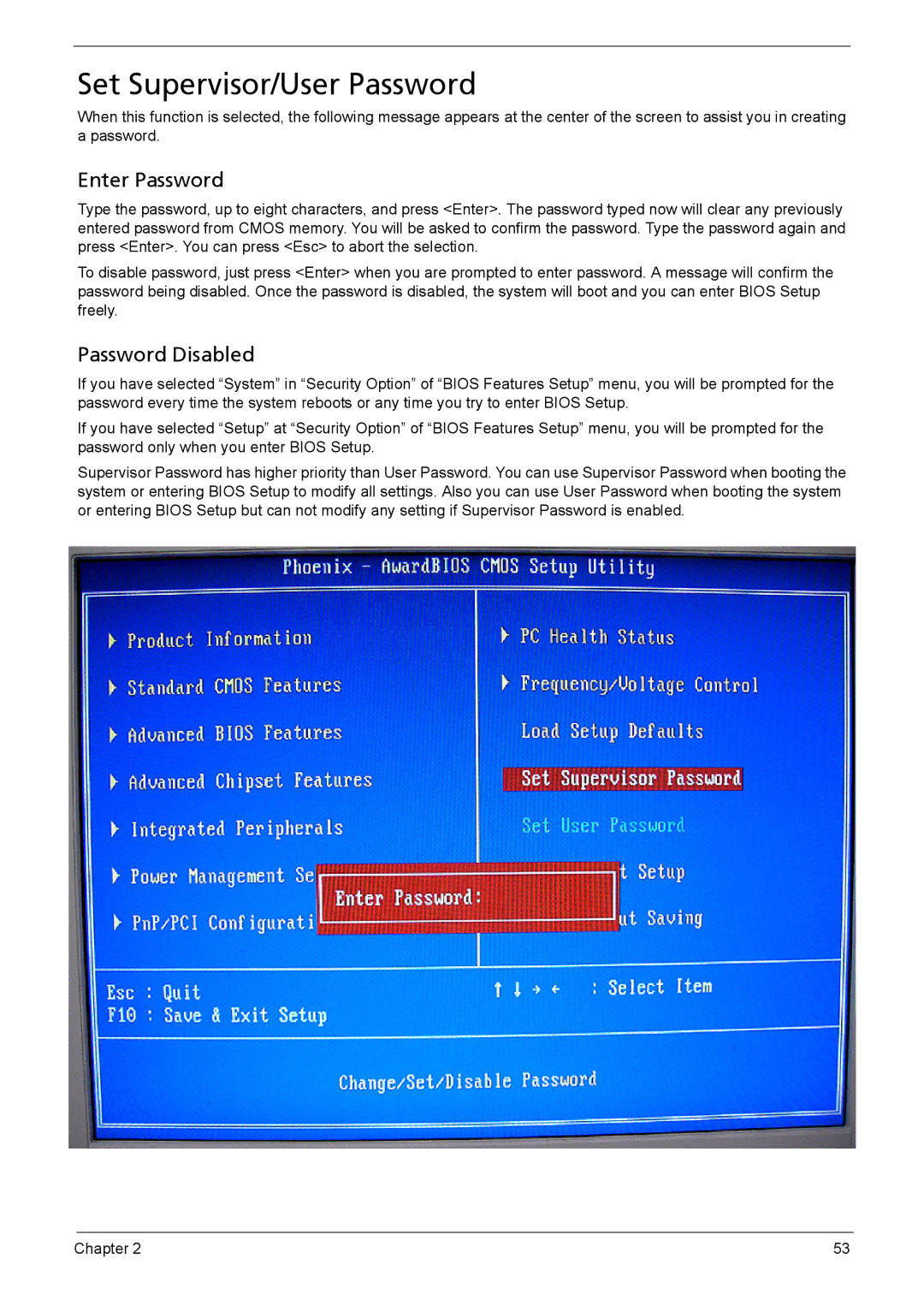 Acer 510 manual Set Supervisor/User Password, Enter Password, Password Disabled 