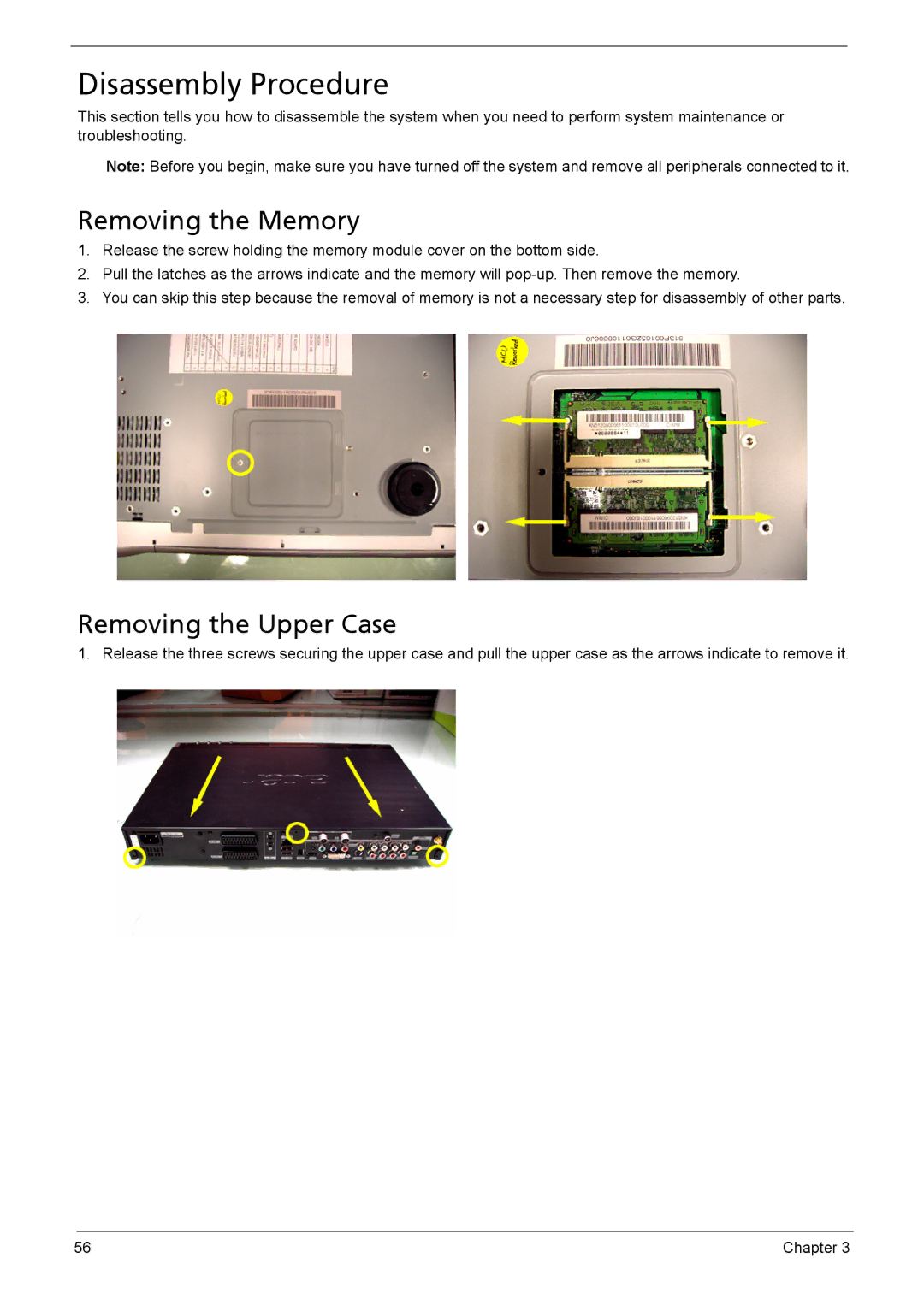 Acer 510 manual Disassembly Procedure, Removing the Memory, Removing the Upper Case 