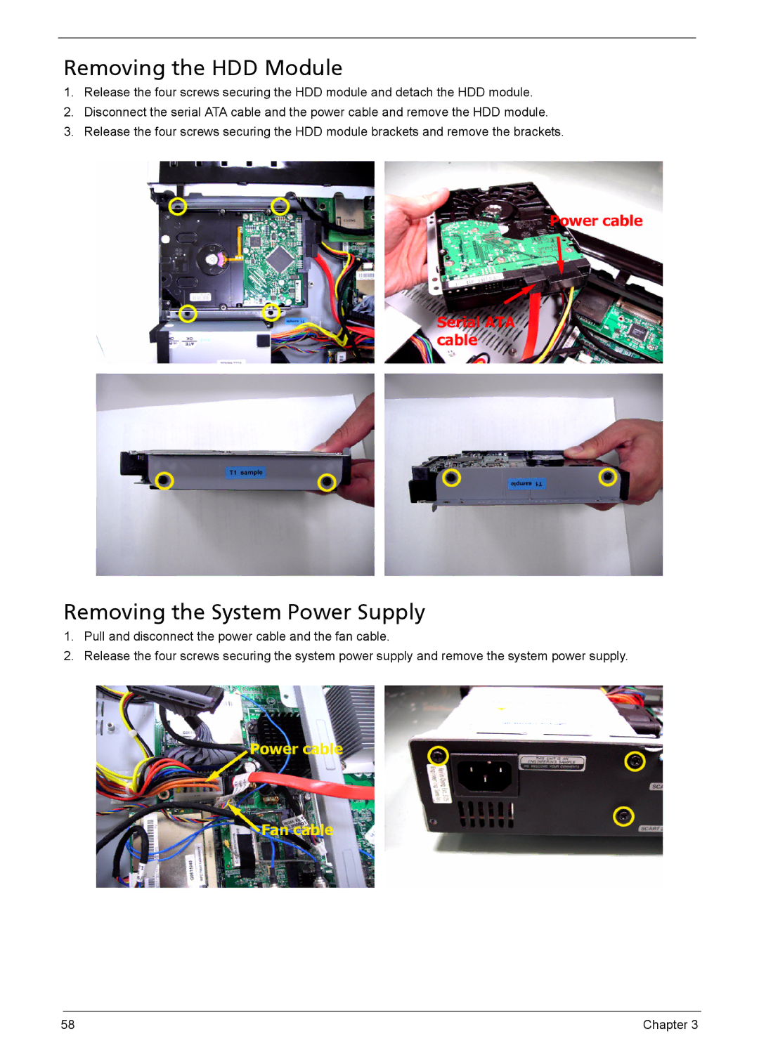 Acer 510 manual Removing the HDD Module, Removing the System Power Supply 