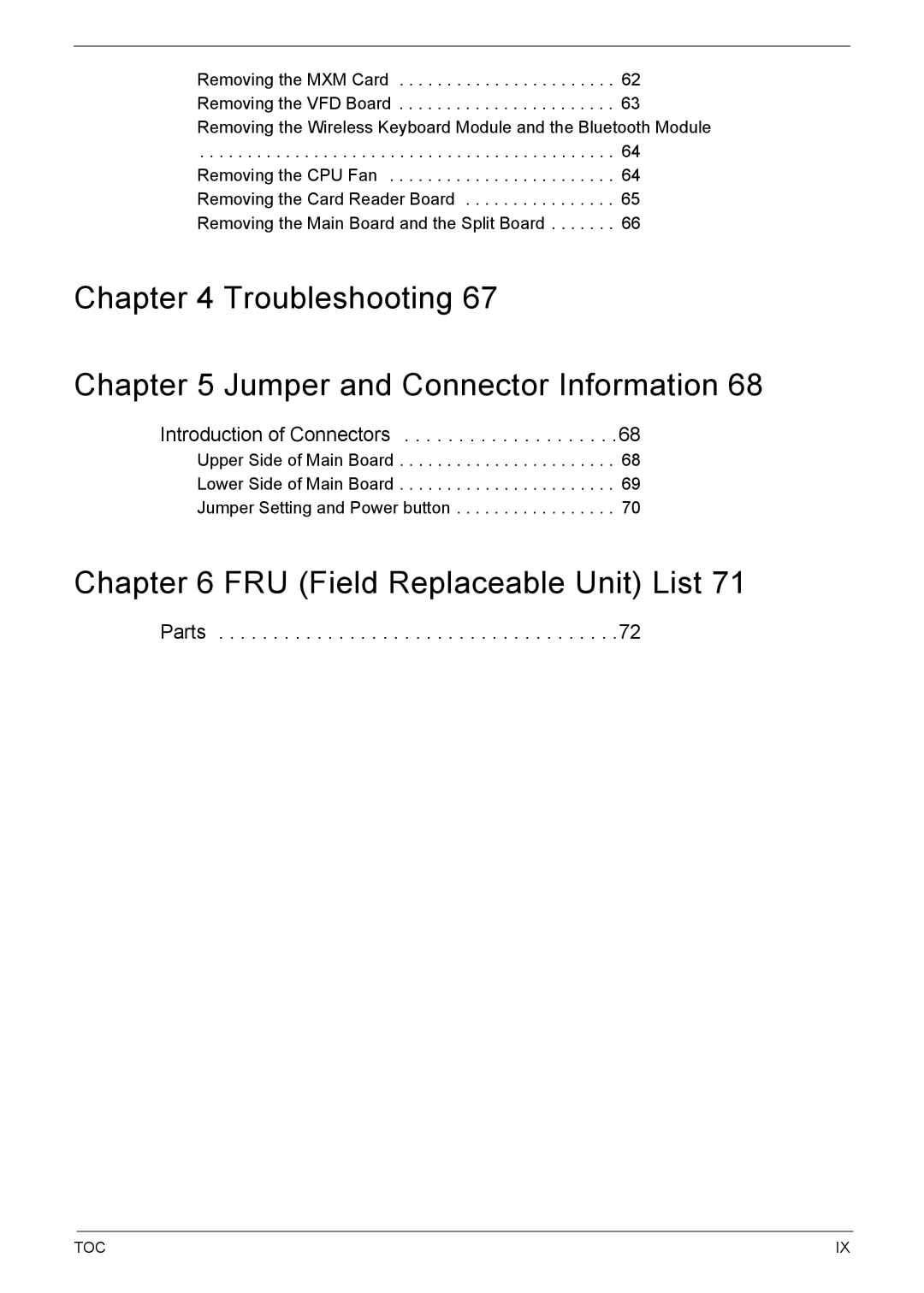 Acer 510 manual Troubleshooting Jumper and Connector Information, FRU Field Replaceable Unit List 