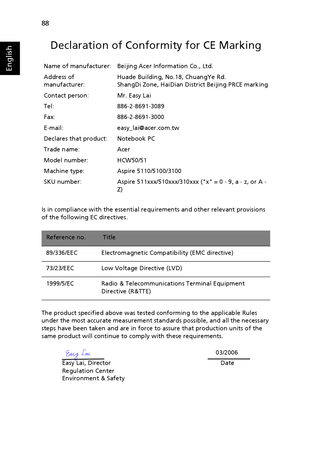 Acer 5100, 5110, 3100 manual Declaration of Conformity for CE Marking 