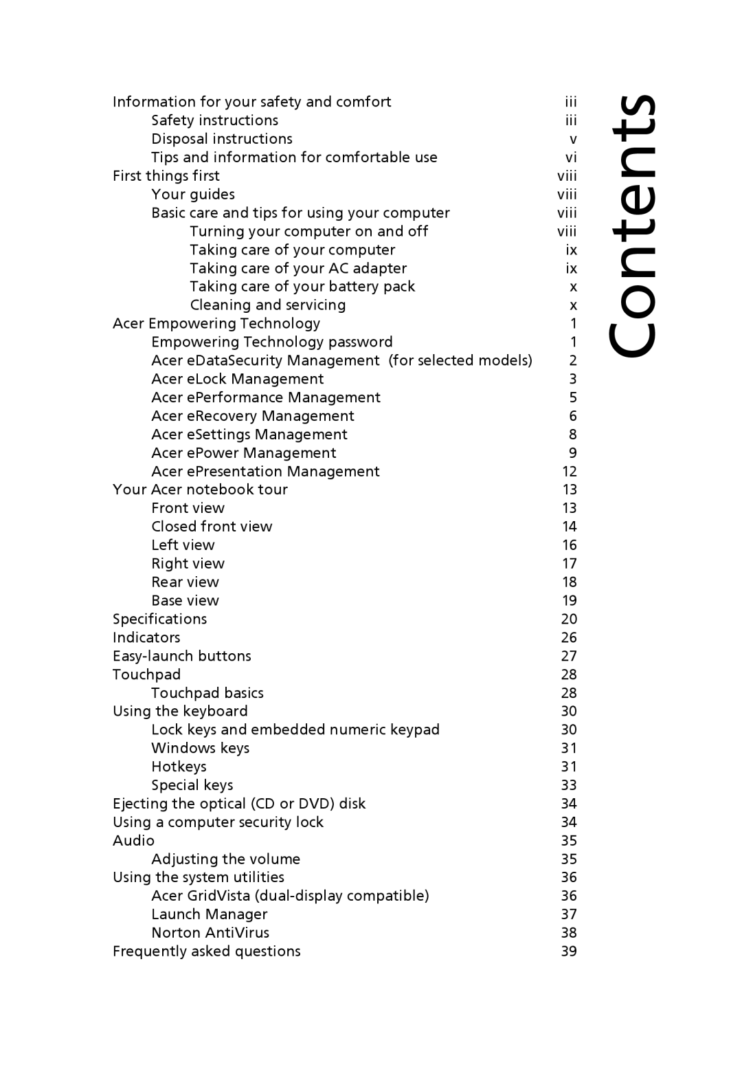 Acer 3100, 5100, 5110 manual Contents 