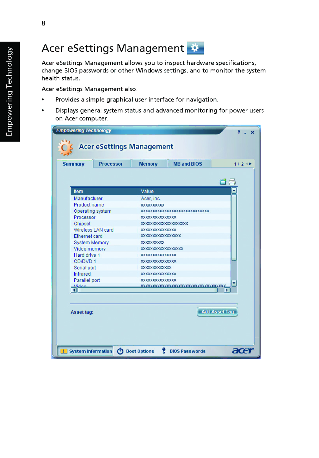 Acer 5110, 5100, 3100 manual Acer eSettings Management 