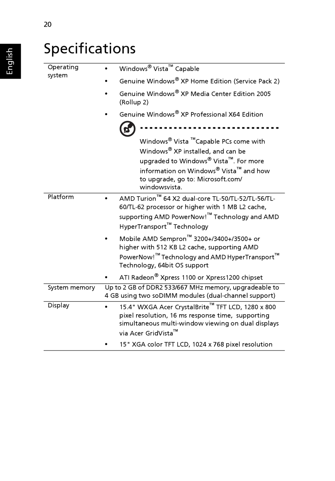 Acer 5110, 5100, 3100 manual Specifications 