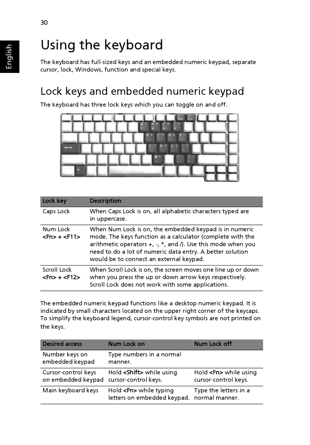 Acer 3100, 5100, 5110 manual Using the keyboard, Lock keys and embedded numeric keypad 