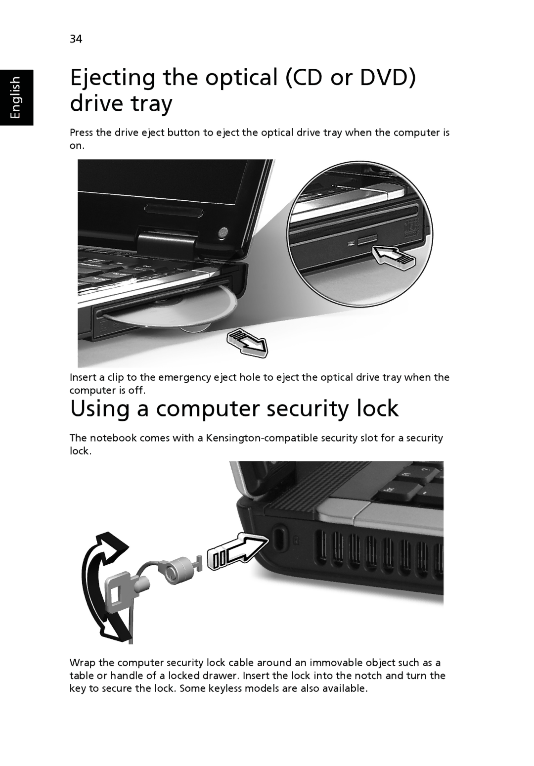 Acer 5100, 5110, 3100 manual Ejecting the optical CD or DVD drive tray, Using a computer security lock 