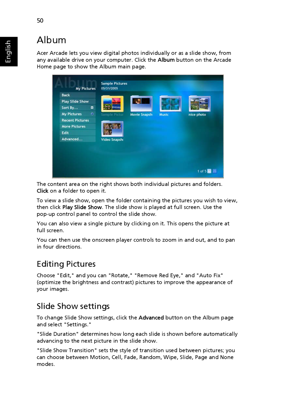 Acer 5110, 5100, 3100 manual Album, Editing Pictures, Slide Show settings 