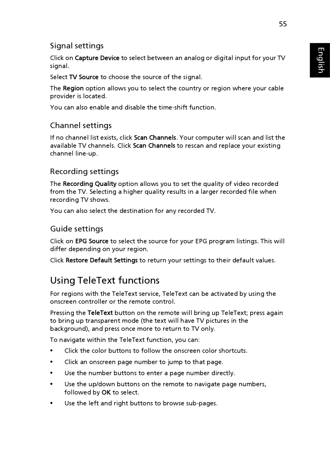 Acer 5100, 5110, 3100 manual Using TeleText functions, Signal settings, Channel settings, Recording settings, Guide settings 