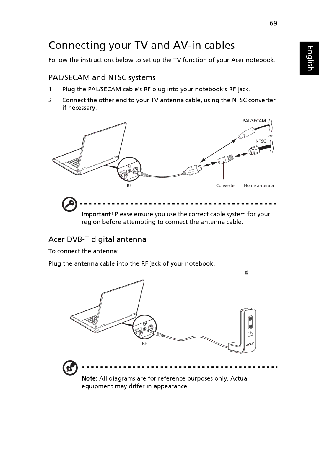 Acer 3100, 5100, 5110 manual Connecting your TV and AV-in cables, PAL/SECAM and Ntsc systems, Acer DVB-T digital antenna 