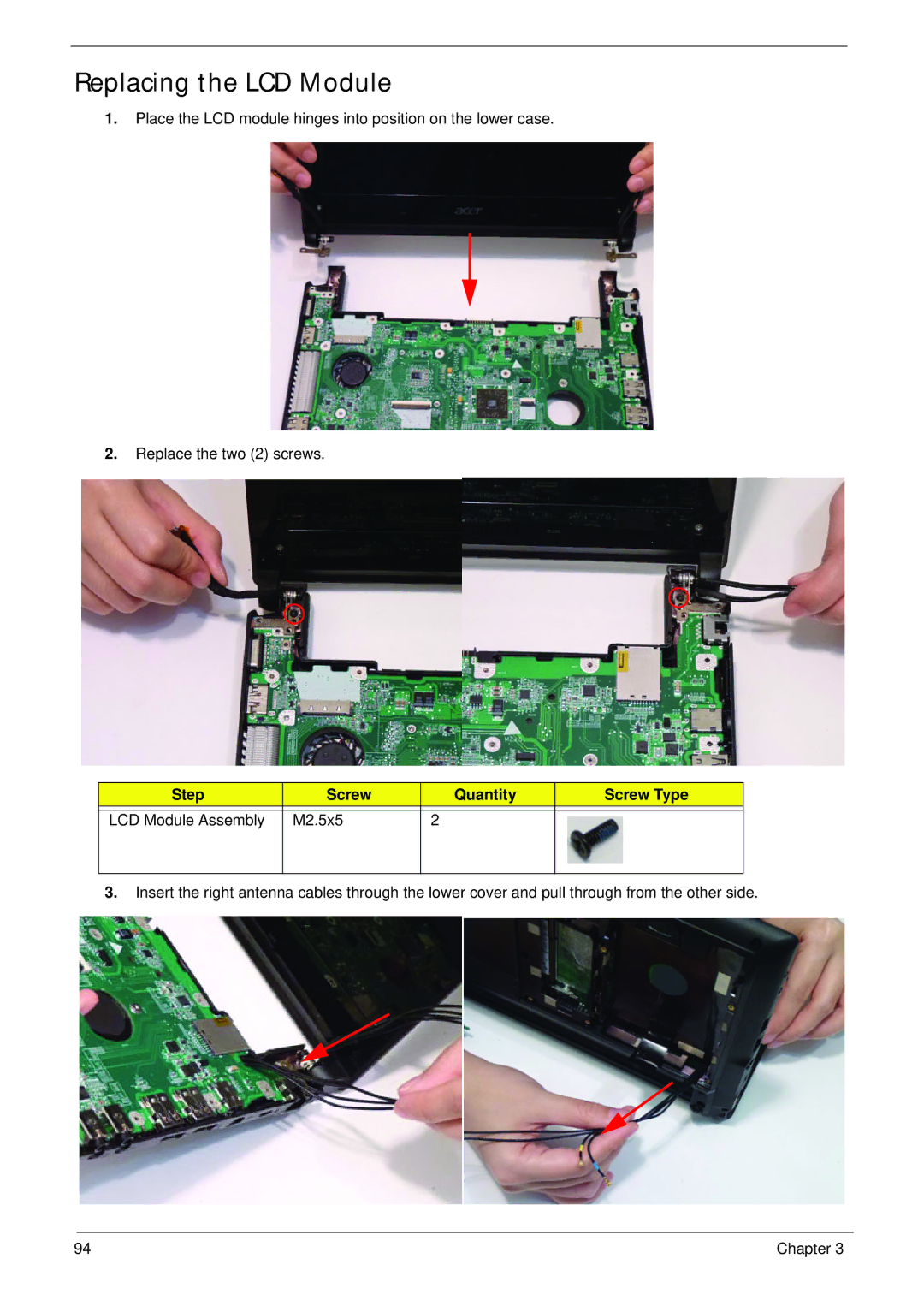 Acer 521 manual Replacing the LCD Module, M2.5x5 