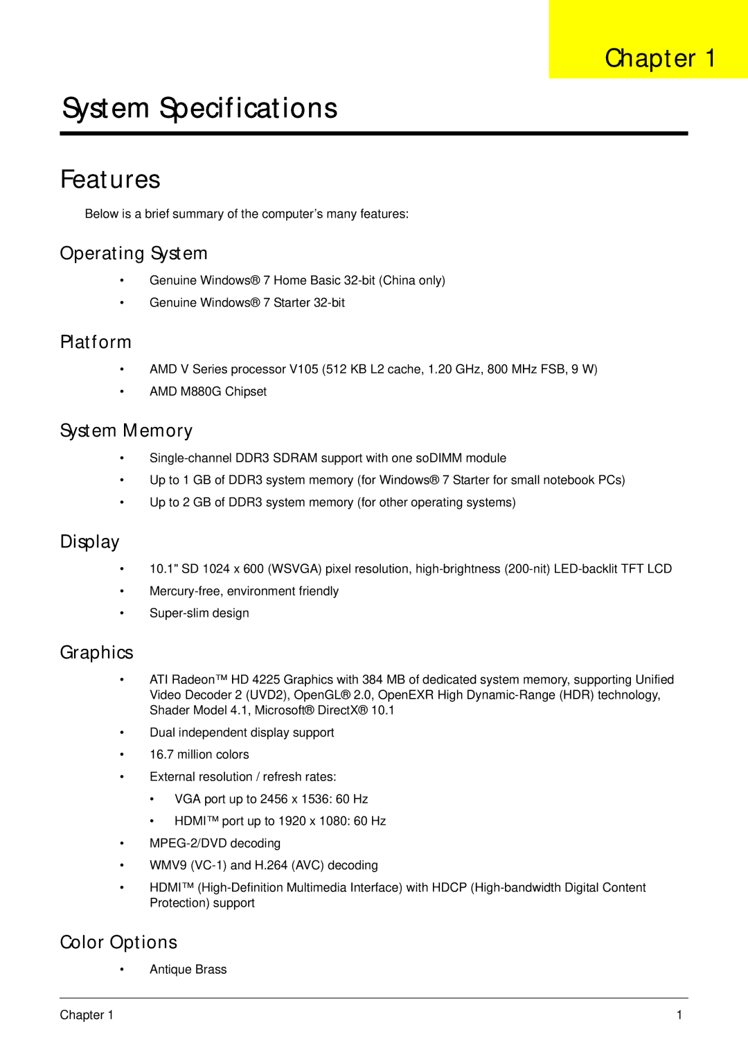 Acer 521 manual Chapter, Features 