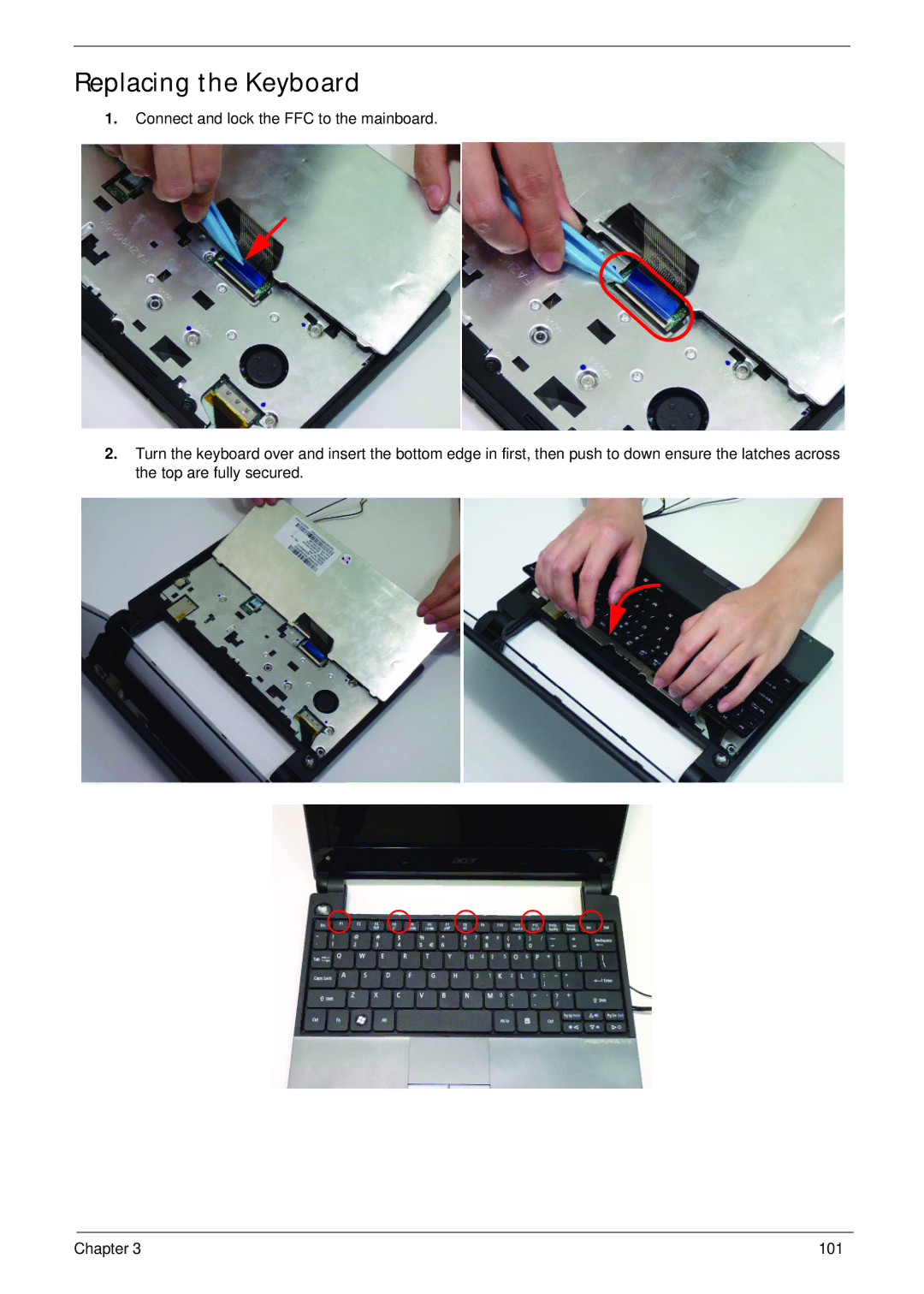 Acer 521 manual Replacing the Keyboard 