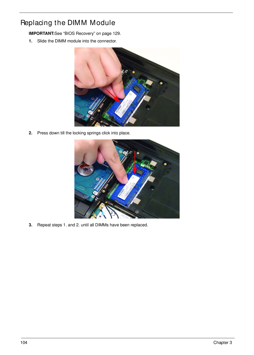 Acer 521 manual Replacing the Dimm Module 