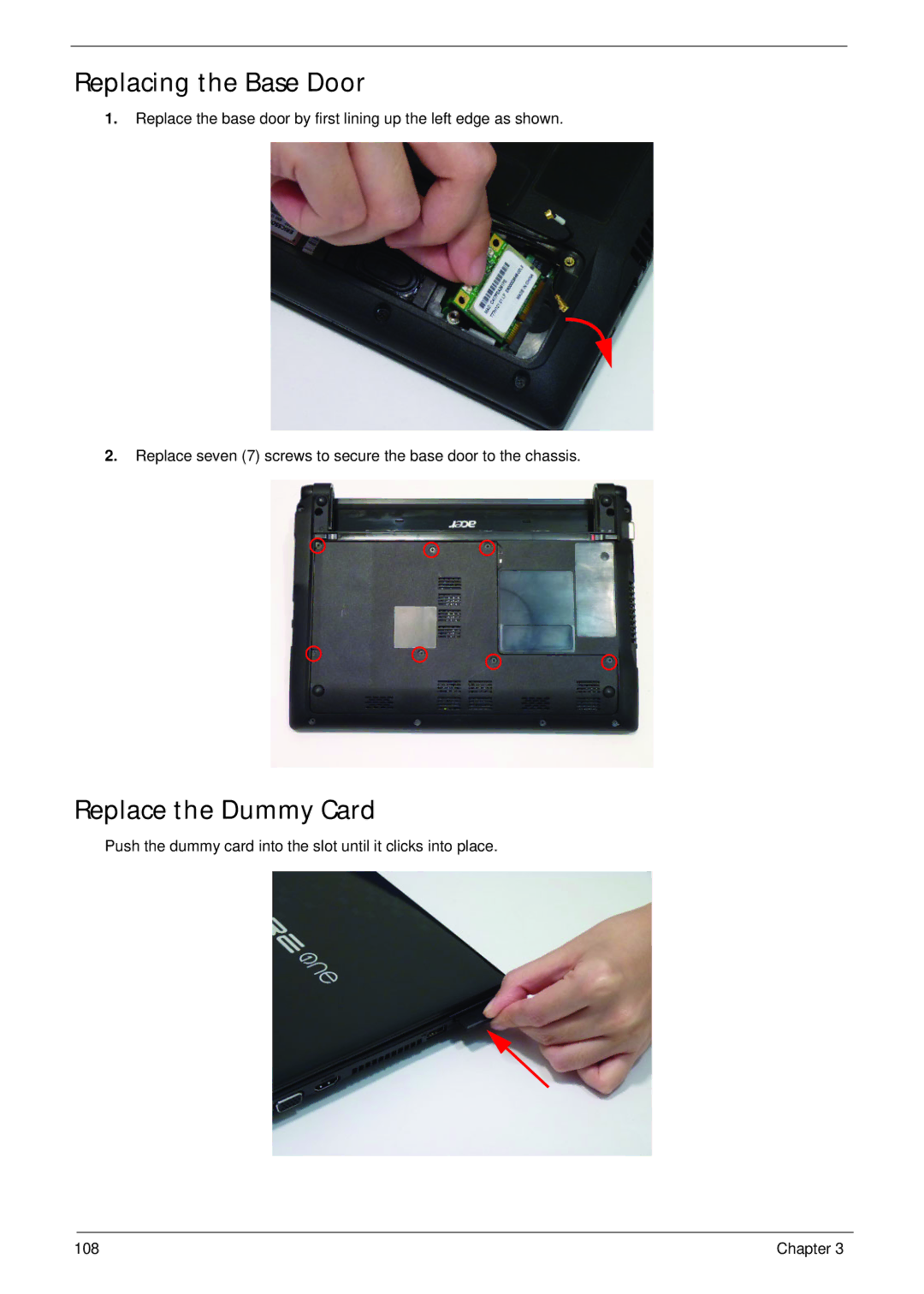 Acer 521 manual Replacing the Base Door, Replace the Dummy Card 