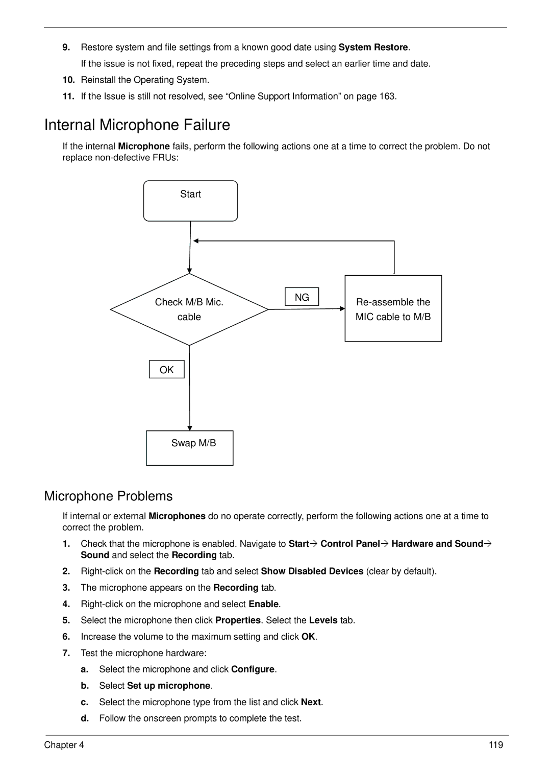 Acer 521 manual Internal Microphone Failure, Microphone Problems, Select Set up microphone 