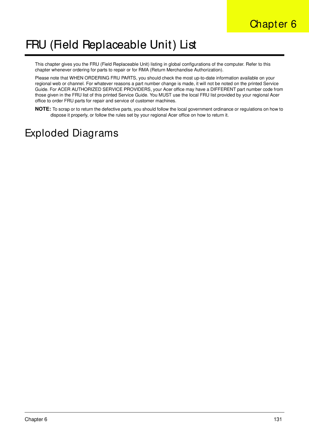 Acer 521 manual FRU Field Replaceable Unit List, Exploded Diagrams 