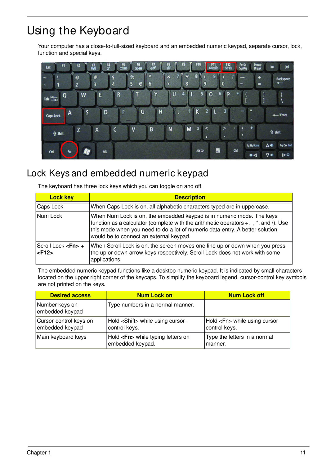 Acer 521 manual Using the Keyboard, Lock Keys and embedded numeric keypad, Lock key Description, F12 