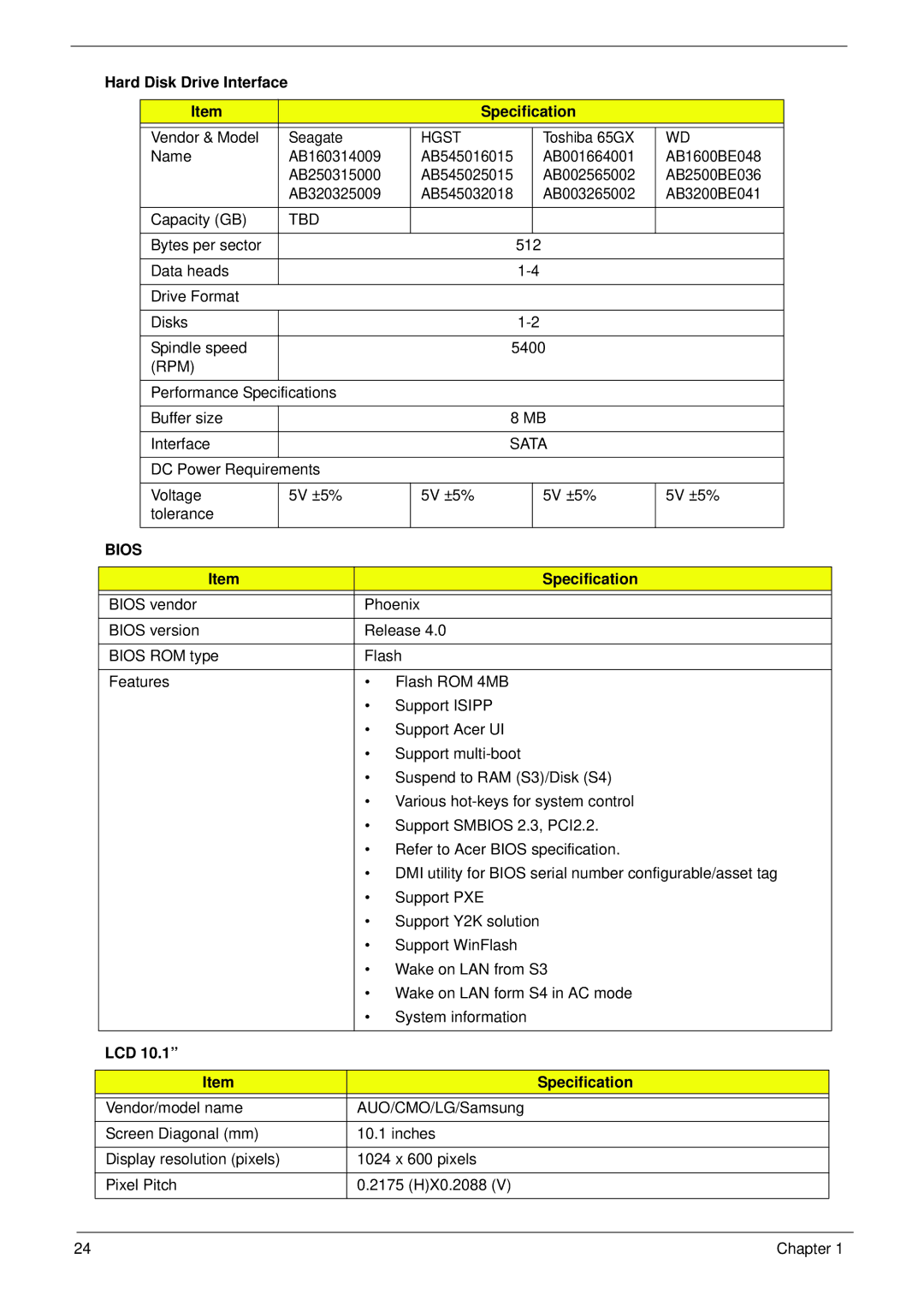 Acer 521 manual Hard Disk Drive Interface Specification, LCD Specification 