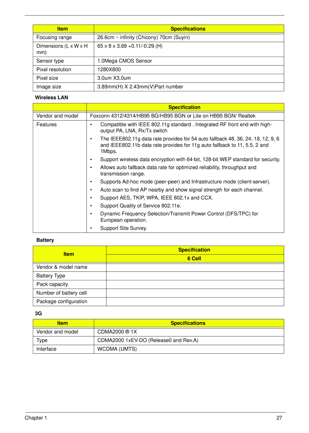 Acer 521 manual Wireless LAN Specification, Battery Specification Cell 