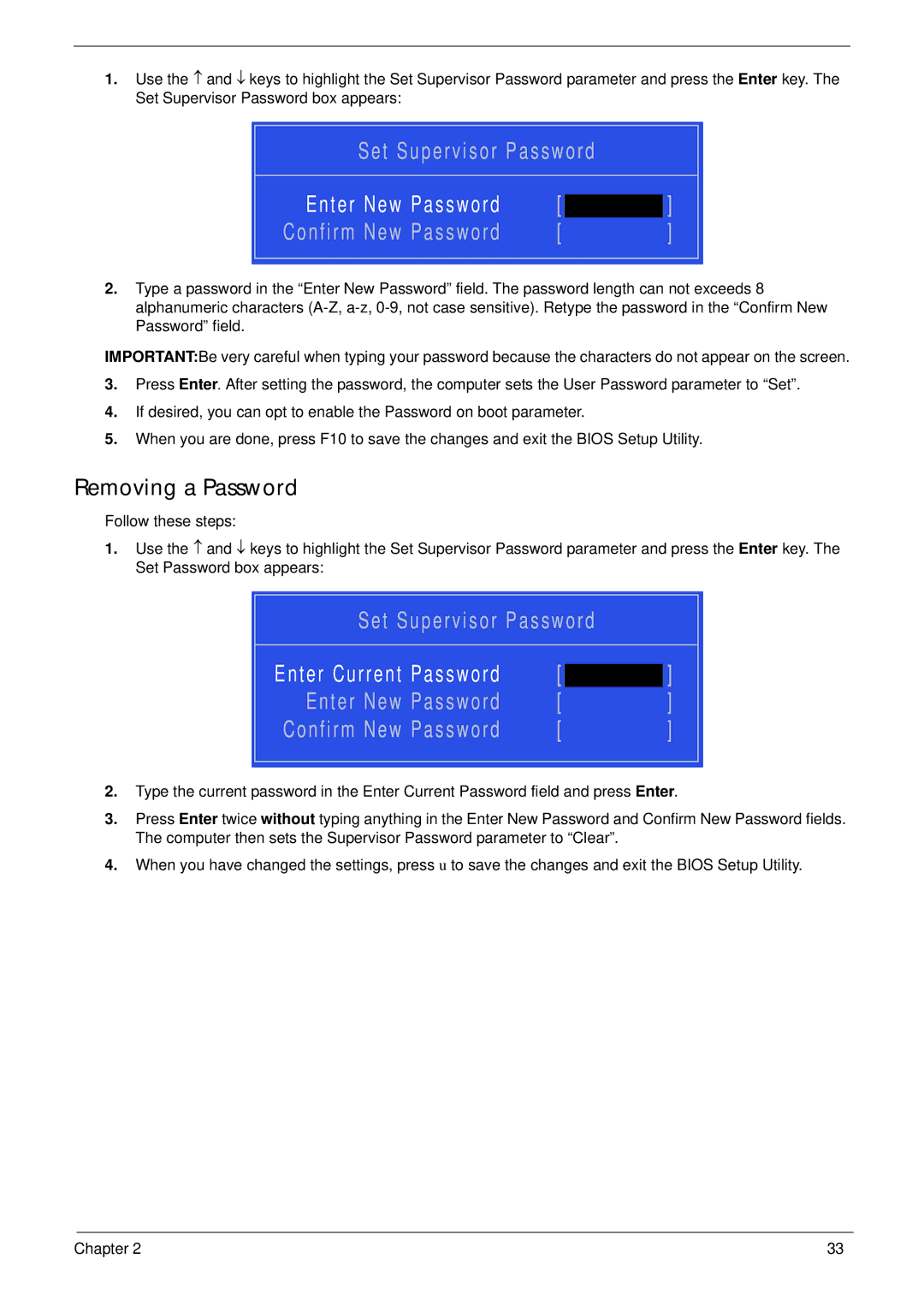 Acer 521 manual Enter New Password, Removing a Password 