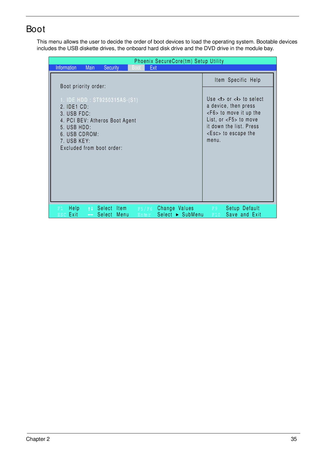 Acer 521 manual Information Main Security Boot Exit 