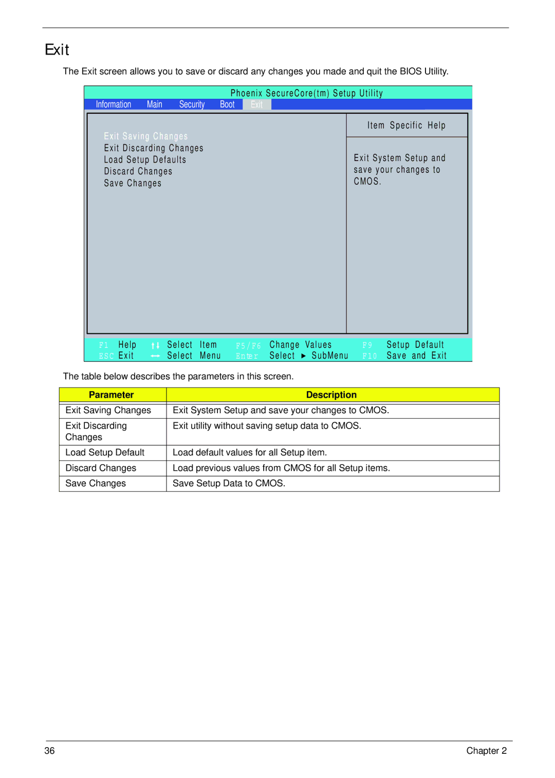 Acer 521 manual Exit Exit Saving Changes 