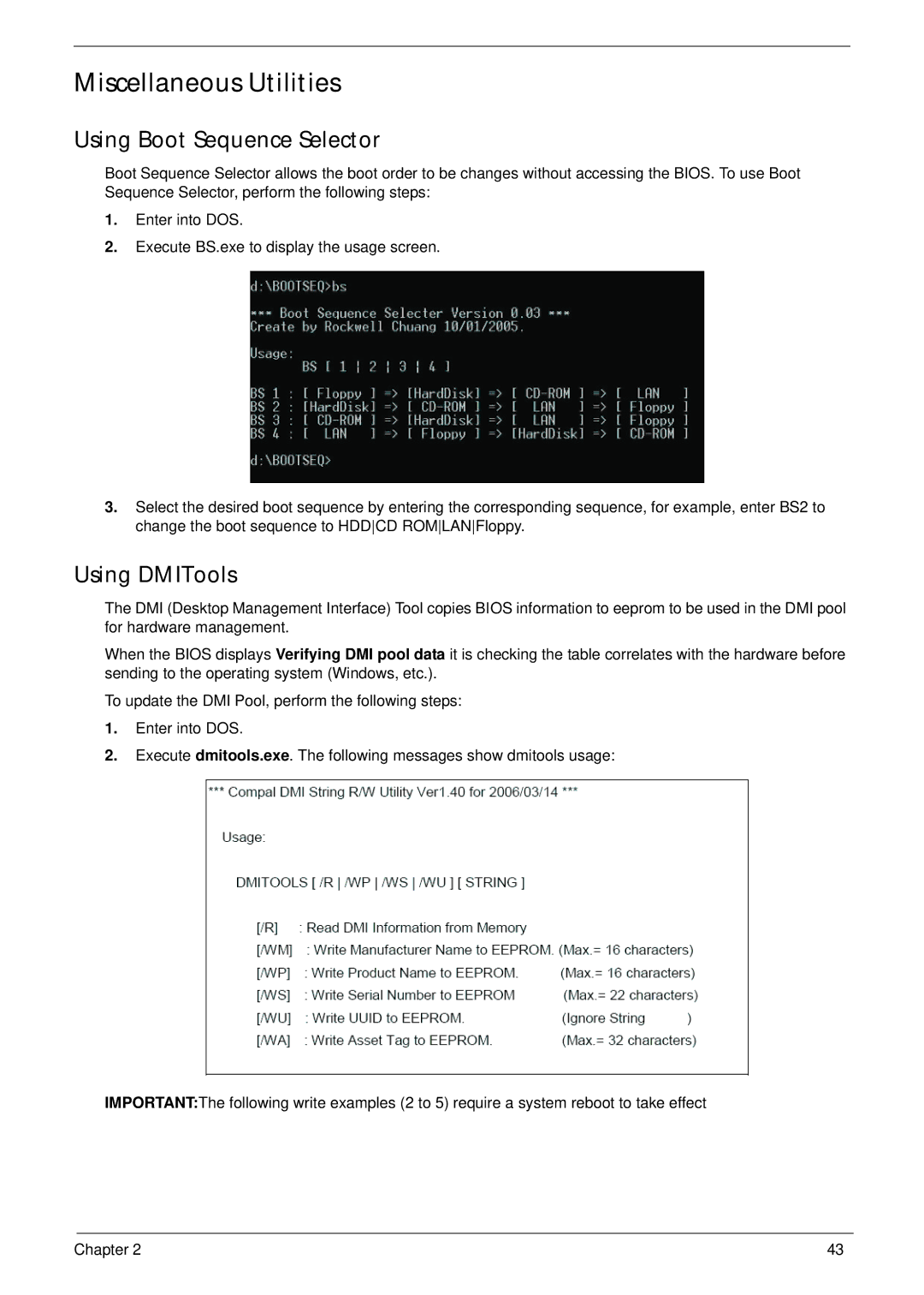 Acer 521 manual Miscellaneous Utilities, Using Boot Sequence Selector, Using DMITools 