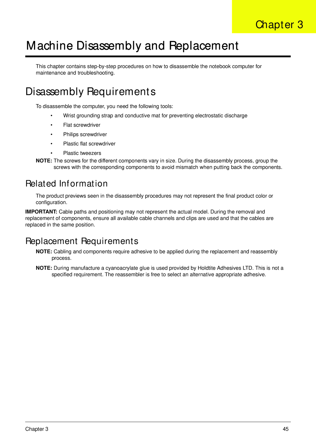 Acer 521 manual Disassembly Requirements, Related Information, Replacement Requirements 