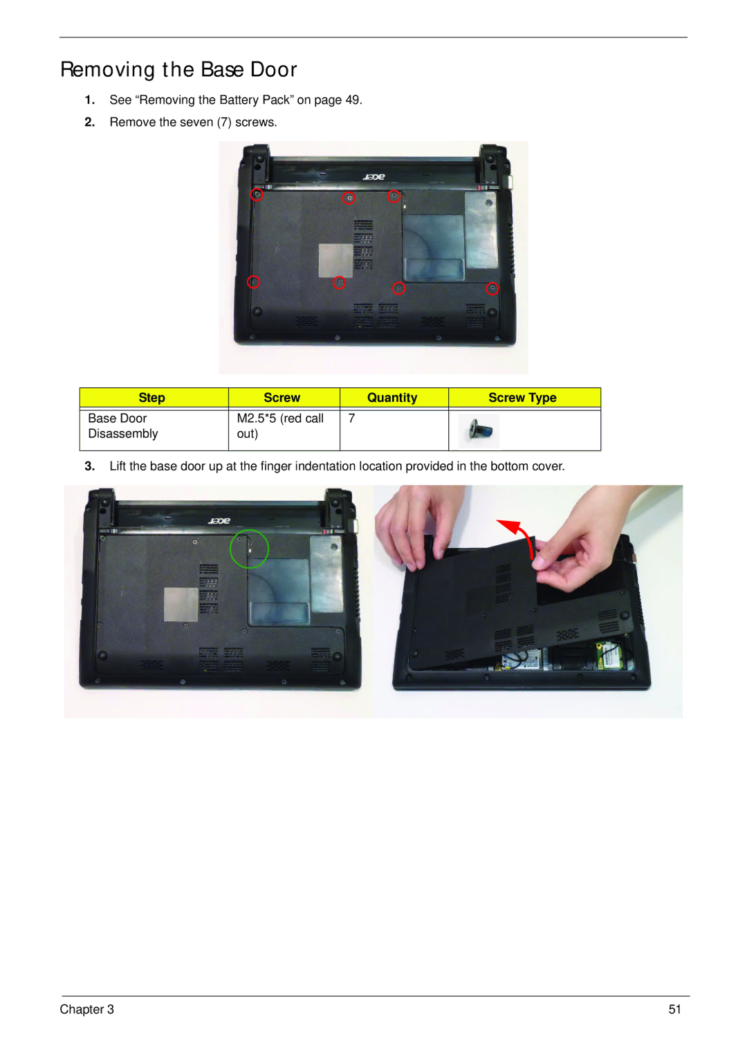 Acer 521 manual Removing the Base Door, Step Screw Quantity Screw Type 