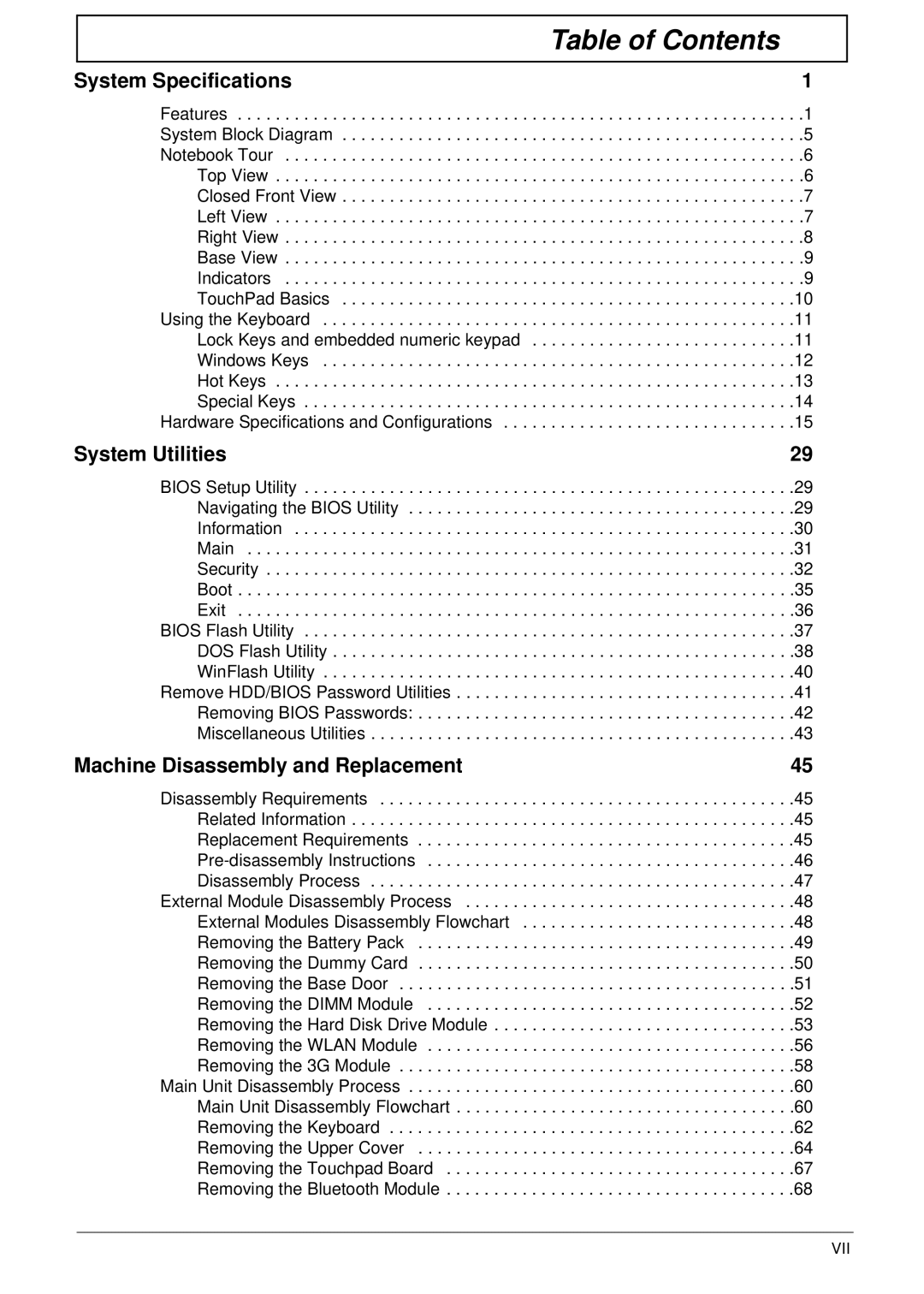 Acer 521 manual Table of Contents 