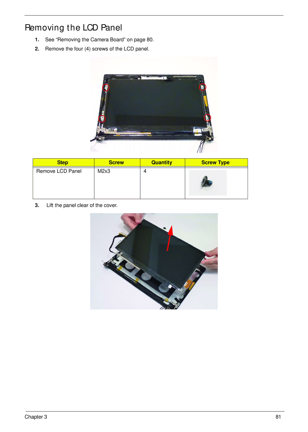 Acer 521 manual Removing the LCD Panel, Step Screw Quantity Screw Type Remove LCD Panel M2x3 