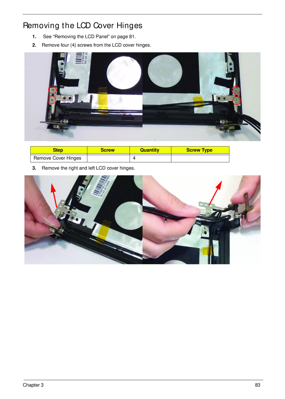 Acer 521 manual Removing the LCD Cover Hinges, Step Screw Quantity Screw Type 