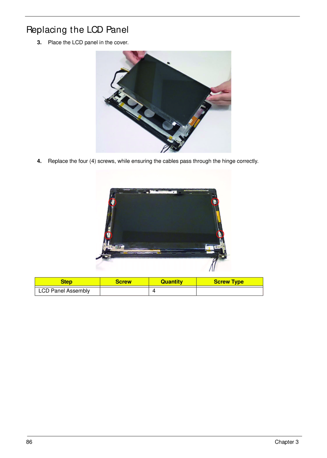 Acer 521 manual Replacing the LCD Panel, Step Screw Quantity Screw Type LCD Panel Assembly 