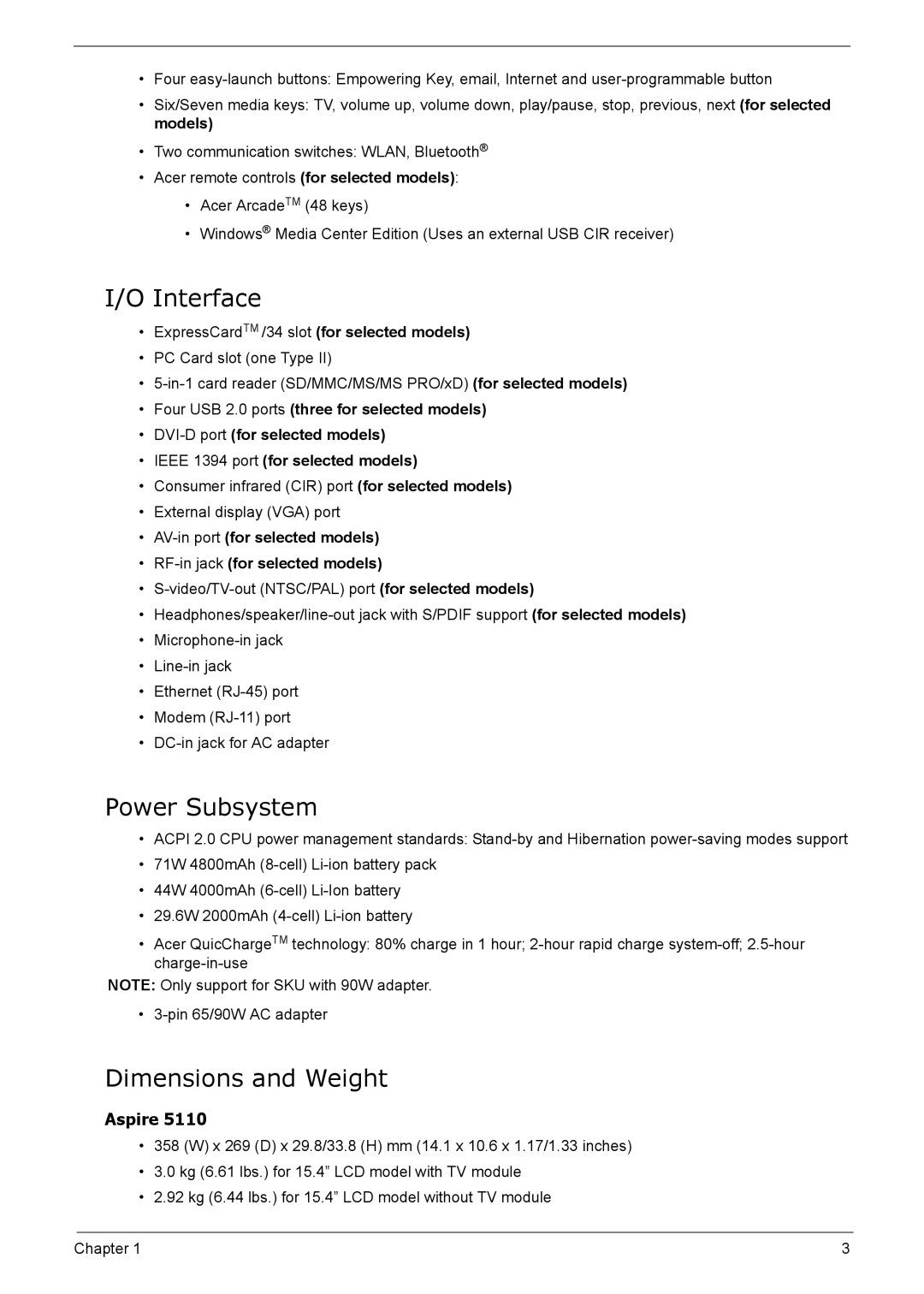 Acer 5210 manual Interface, Power Subsystem, Dimensions and Weight, ExpressCardTM /34 slot for selected models 