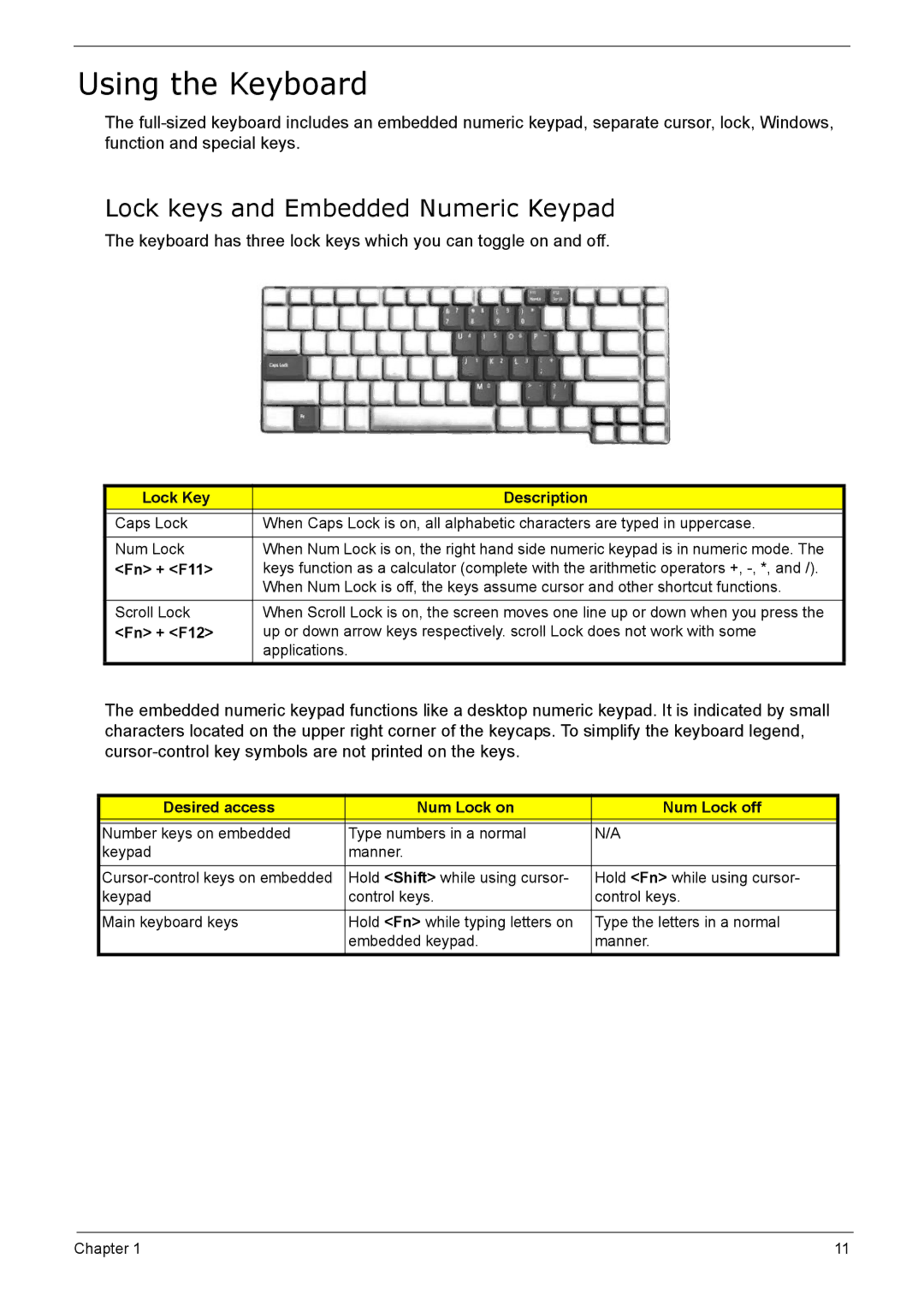 Acer 5210 manual Using the Keyboard, Lock keys and Embedded Numeric Keypad 