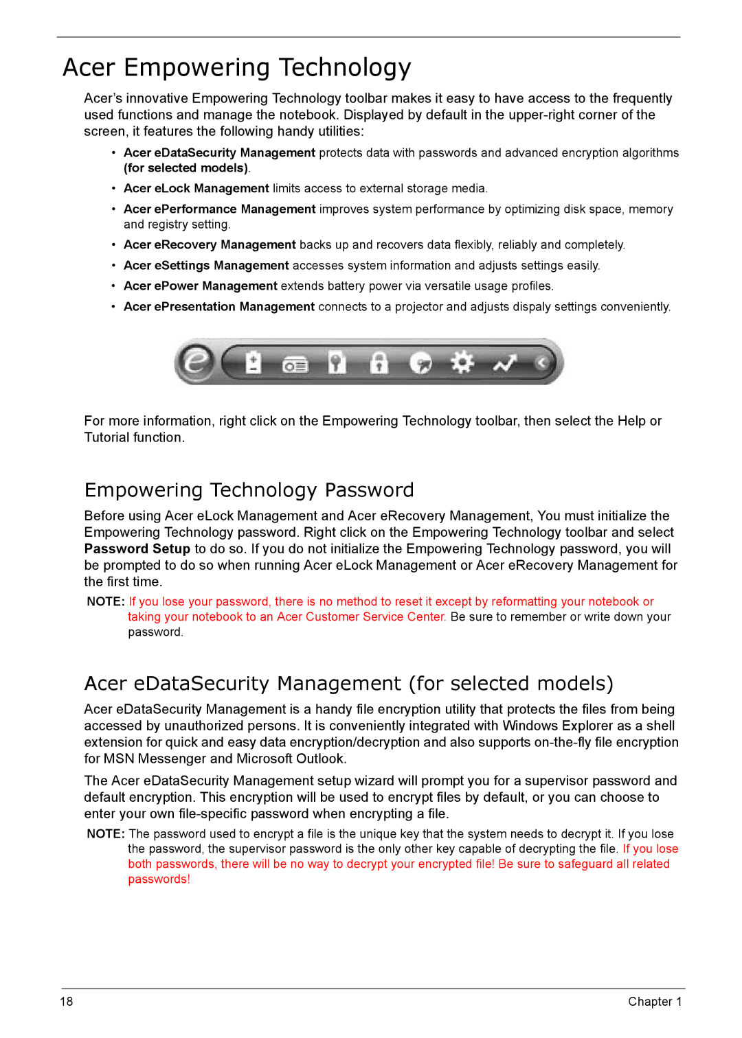 Acer 5210 Acer Empowering Technology, Empowering Technology Password, Acer eDataSecurity Management for selected models 