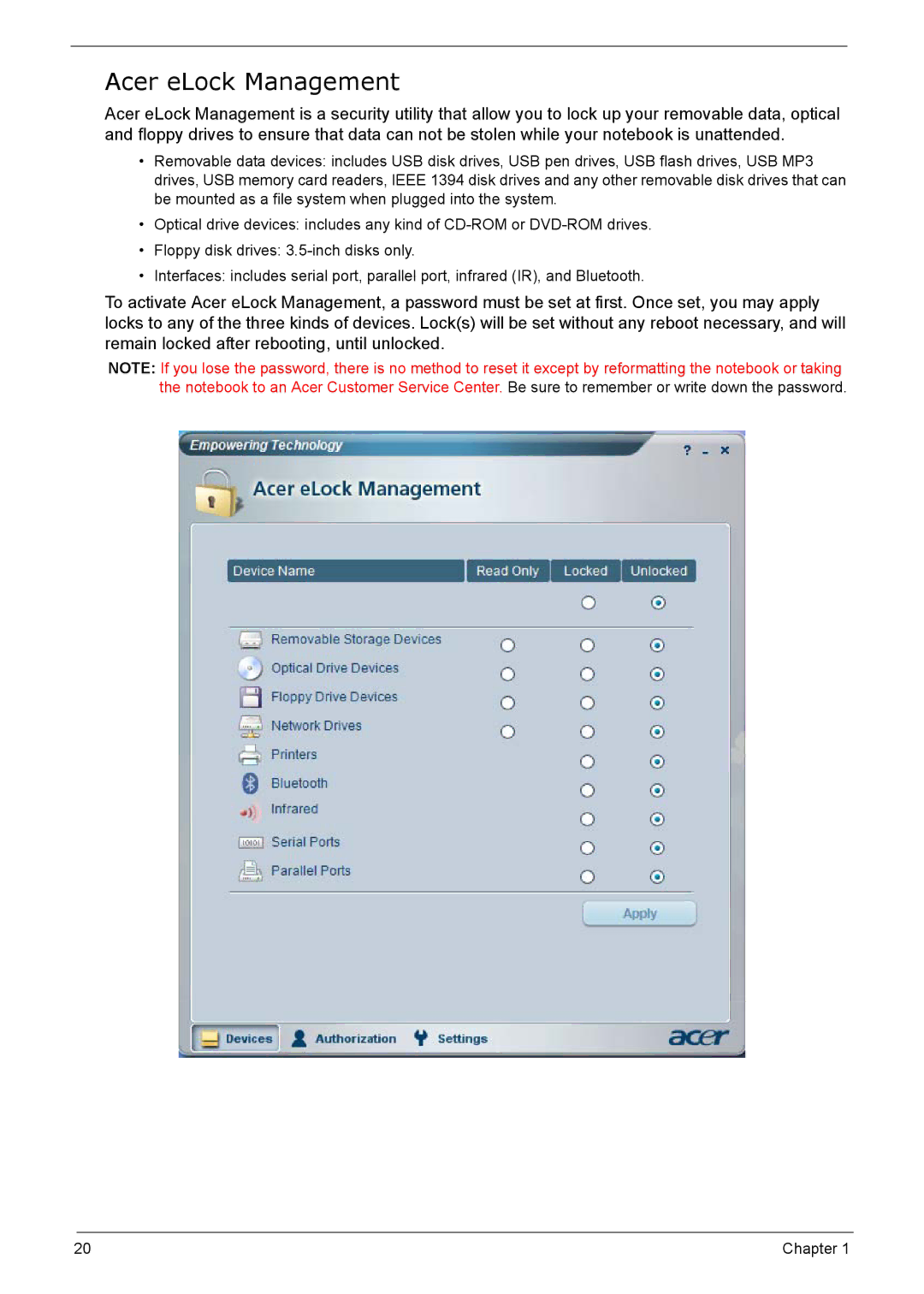 Acer 5210 manual Acer eLock Management 