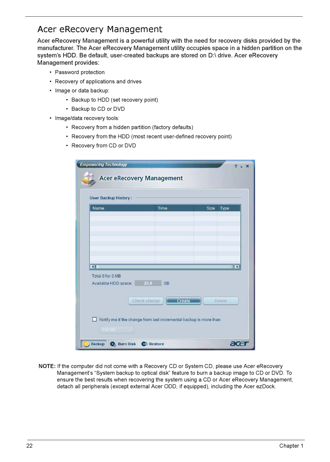 Acer 5210 manual Acer eRecovery Management 