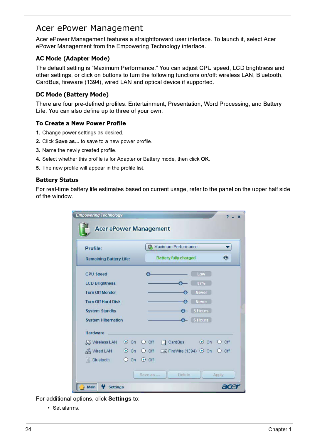 Acer 5210 manual Acer ePower Management, AC Mode Adapter Mode 