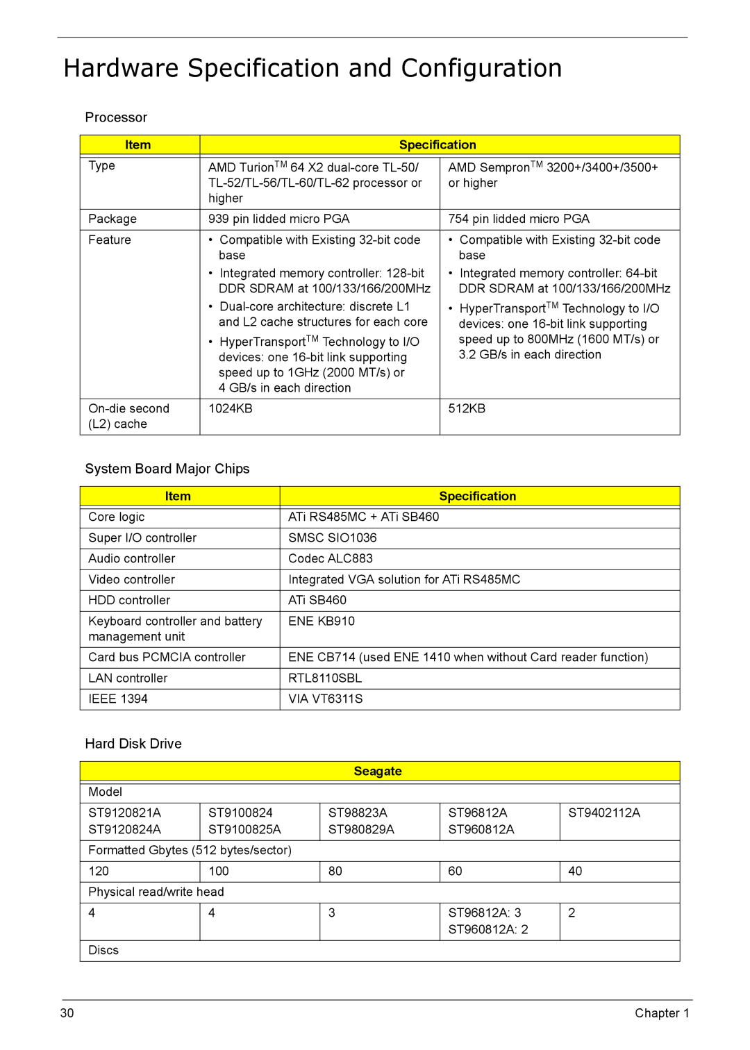 Acer 5210 manual Hardware Specification and Configuration, Processor, System Board Major Chips, Hard Disk Drive 