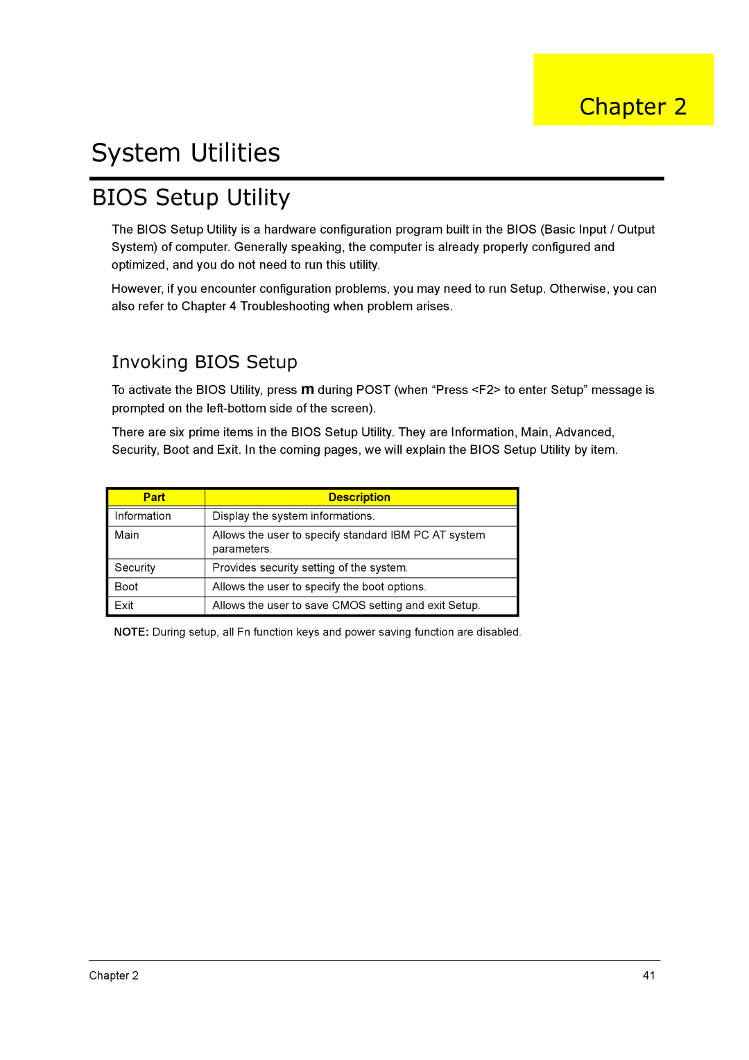 Acer 5210 manual Bios Setup Utility, Invoking Bios Setup, Part Description 