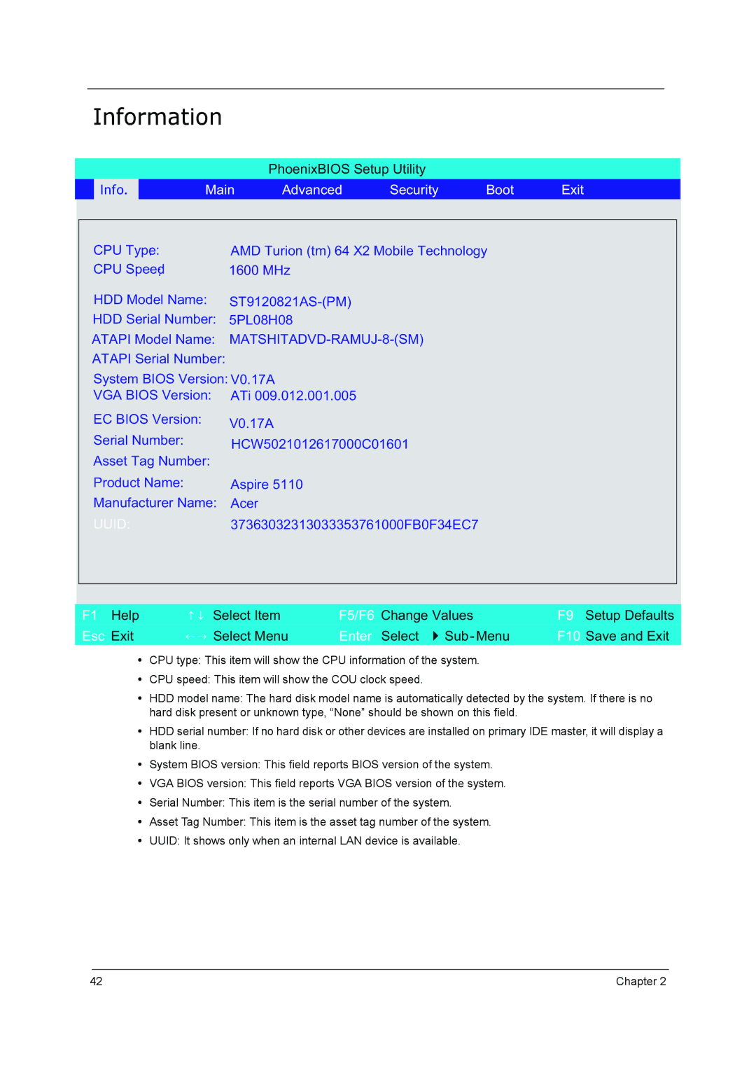 Acer 5210 manual Information, Main Advanced Security Boot Exit 