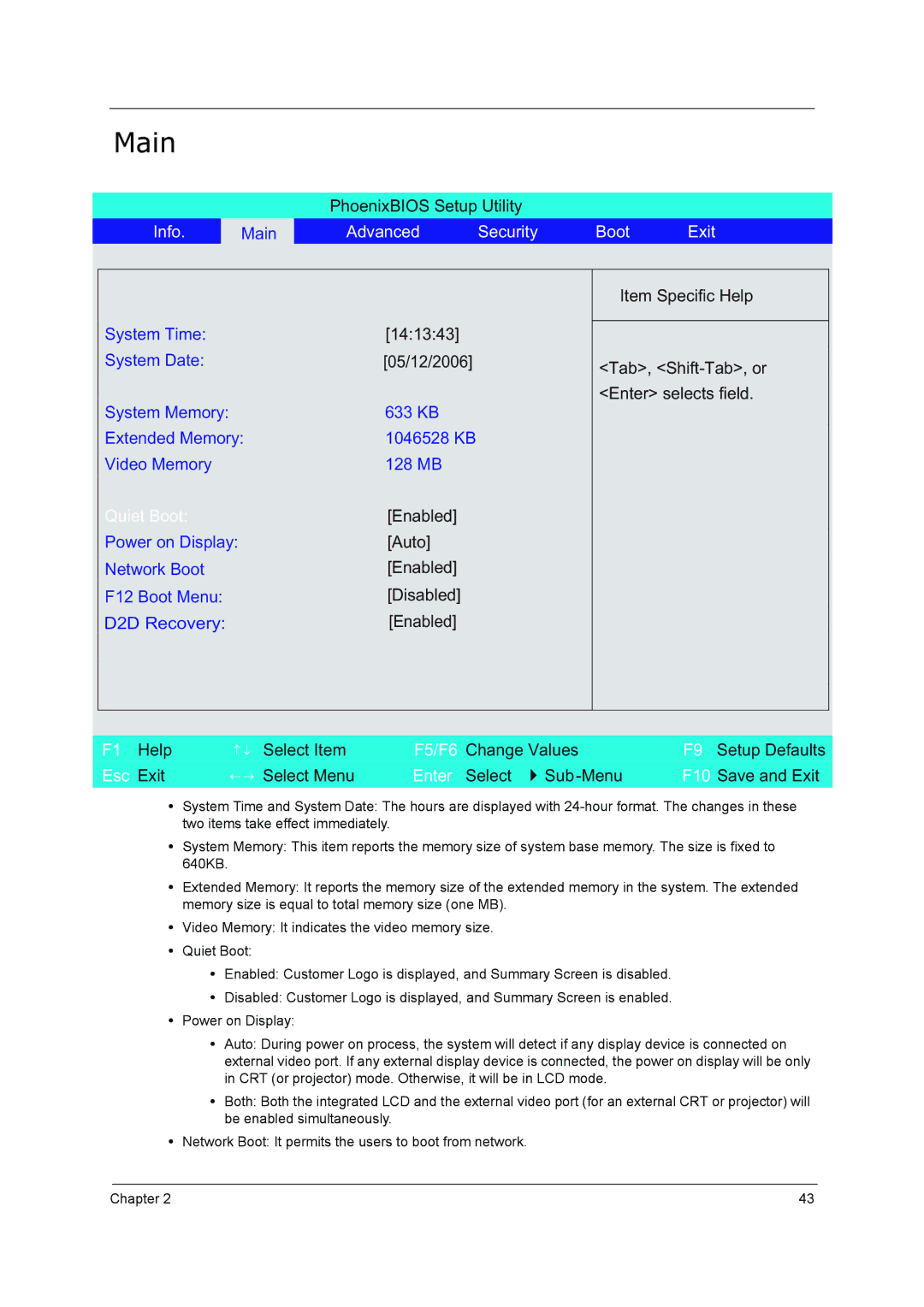 Acer 5210 manual Main, Advanced Security Boot Exit 