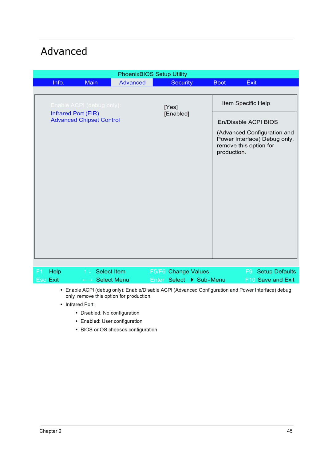 Acer 5210 Advanced, PhoenixBIOS Setup Utility, Yes, Enabled, ← → Select Menu Enter Select 4Sub- Menu F10 Save and Exit 